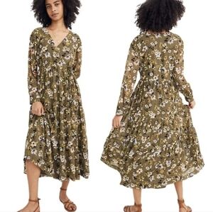 Madewell Cinch-Waist Tiered Midi Dress In Wildblooms Olive Green Floral Size S